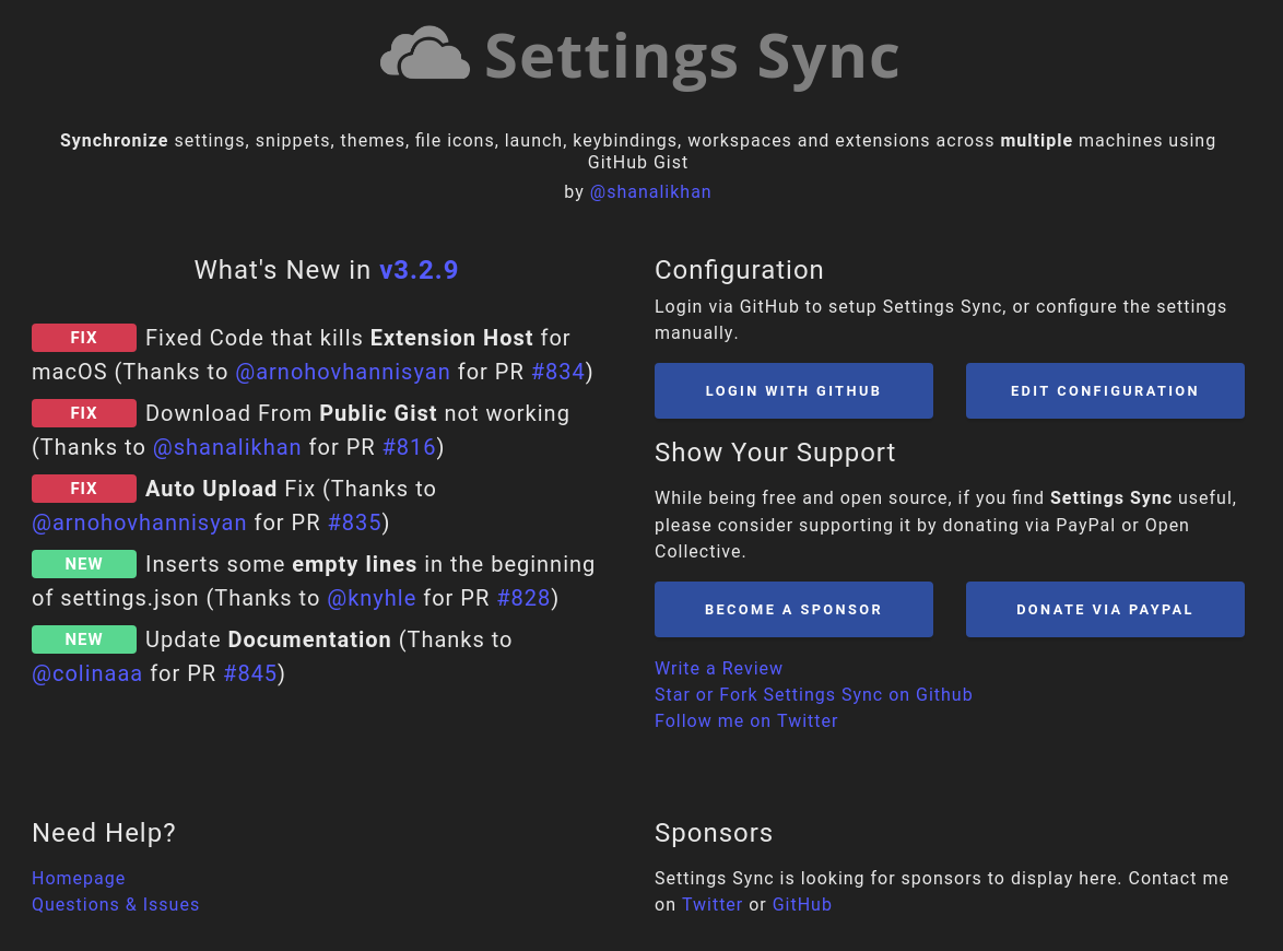 Tela de configuração do Settings Sync